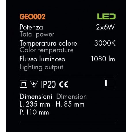 ROSSINI ILLUMINAZIONE GEO002 GEORGIA LAMPADA DA PARETE ORIENTABILE DA PARETE A LED 2X6W