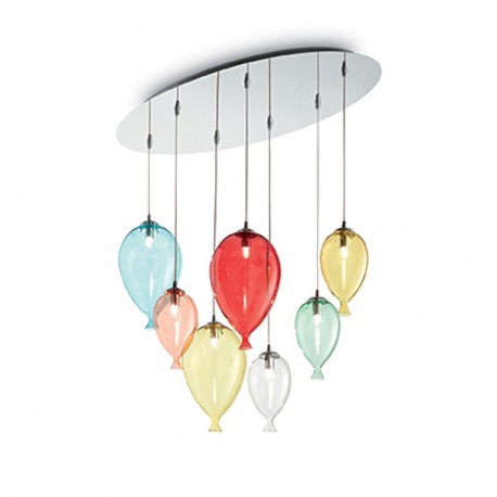 IDEAL-LUX CLOWN SP7 SOSPENSIONE IN METALLO E VETRO SOFFIATO COLORATO 7x28W G9