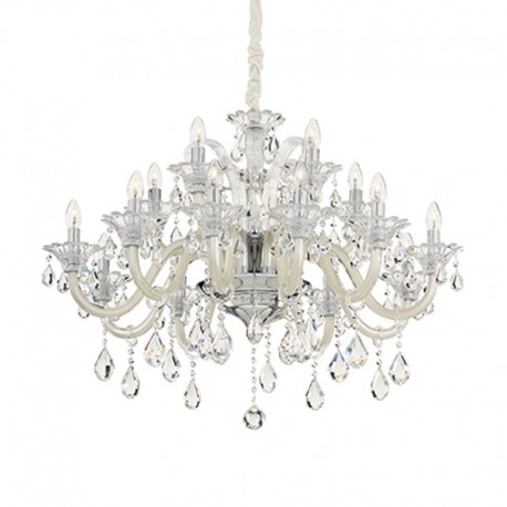 IDEAL-LUX COLOSSAL SP15 SOSPENSIONE CROMATA CON BRACCI IN VETRO COLOR AVORIO E PENDAGLI IN CRISTALLO