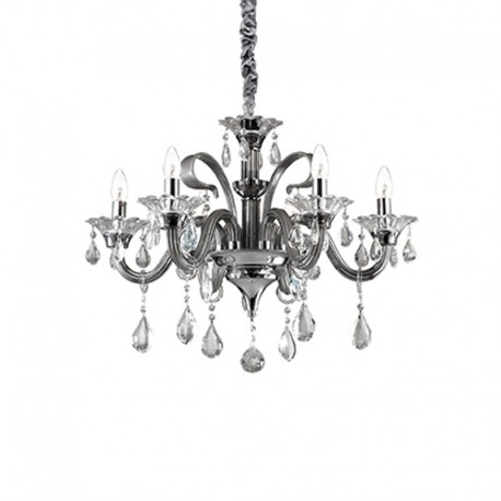 IDEAL-LUX COLOSSAL SP6 SOSPENSIONE CROMATA CON BRACCI IN VETRO COLOR GRIGIO E PENDAGLI IN CRISTALLO