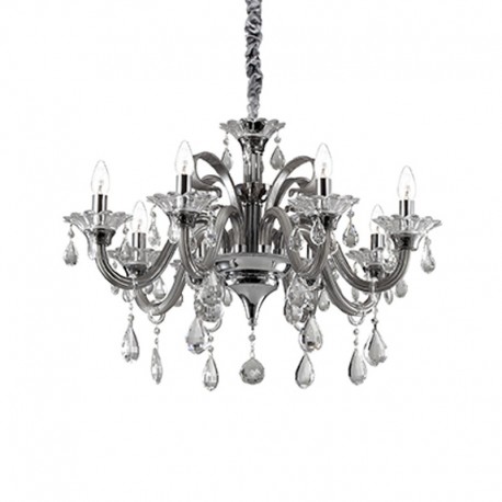 IDEAL-LUX COLOSSAL SP8 SOSPENSIONE CROMATA CON BRACCI IN VETRO GRIGIO E PENDAGLI IN CRISTALLO