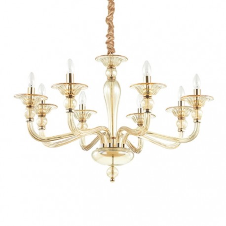 IDEAL-LUX DANIELI SP8 SOSPENSIONE IN METALLO DORATO E VETRO COLOR AMBRA 8x40W