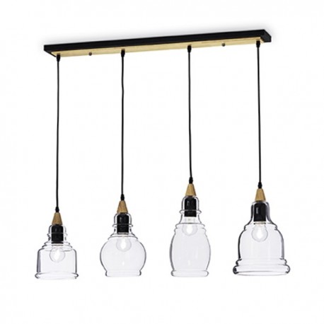 IDEAL LUX GRETEL SP4 SOSPENSIONE IN METALLO CON APPLICAZIONE IN LEGNO E DIFFUSORE IN VETRO 4x60W
