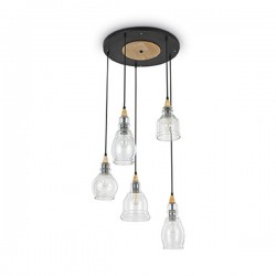 IDEAL LUX GRETEL SP5 SOSPENSIONE IN METALLO CON APPLICAZIONE IN LEGNO E DIFFUSORE IN VETRO 5x60W