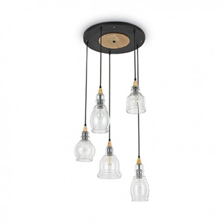 IDEAL LUX GRETEL SP5 SOSPENSIONE IN METALLO CON APPLICAZIONE IN LEGNO E DIFFUSORE IN VETRO 5x60W