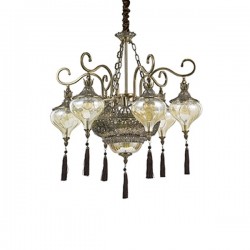 IDEAL LUX HAREM SP9 SOSPENSIONE IN METALLO BRUNITO CON CRISTALLI INCASTONATI E DIFFUSORE IN VETRO AMBRATO
