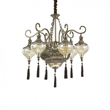 IDEAL LUX HAREM SP9 SOSPENSIONE IN METALLO BRUNITO CON CRISTALLI INCASTONATI E DIFFUSORE IN VETRO AMBRATO