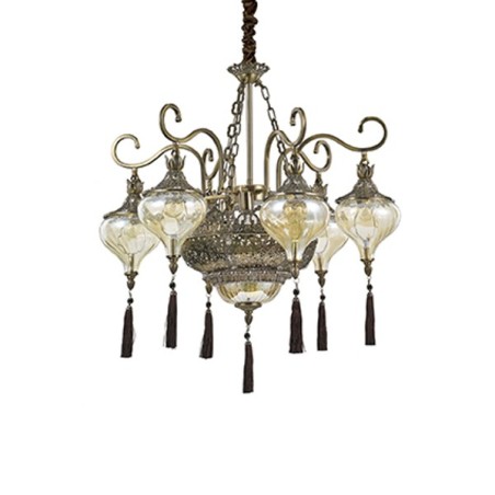 IDEAL LUX HAREM SP9 SOSPENSIONE IN METALLO BRUNITO CON CRISTALLI INCASTONATI E DIFFUSORE IN VETRO AMBRATO