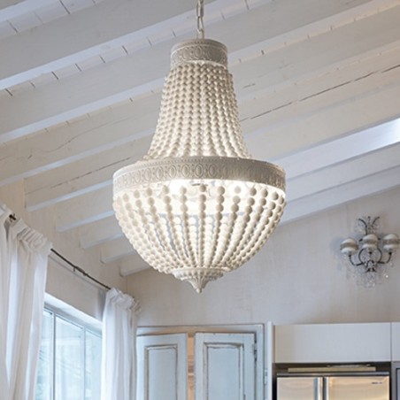 IDEAL LUX MONET SP5 SOSPENSIONE IN METALLO BIANCO CON PERLE IN LEGNO 5x40W