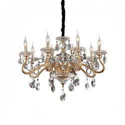 IDEAL LUX NEGRESCO SP8 SOSPENSIONE DORATA CON BRACCI IN VETRO E CRISTALLO MOLATO 8x40W E14