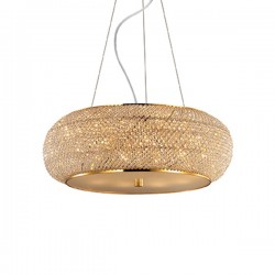IDEAL LUX PASHA' SP10 SOSPENSIONE ORO CON DIFFUSORE REALIZZATO CON FILI DI PERLE DI CRISTALLO 6x40W E14