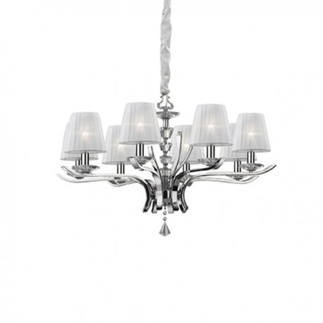 IDEAL LUX PEGASO SP8 SOSPENSIONE CROMO CON PARALUMI IN ORGANZA E BOBECHES IN CRISTALLO 8x40W