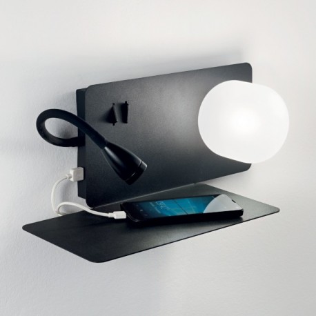 IDEAL LUX BOOK-1 AP2 LAMPADA DA PARETE NERA VERNICIATA A POLVERI CON PRESA USB 